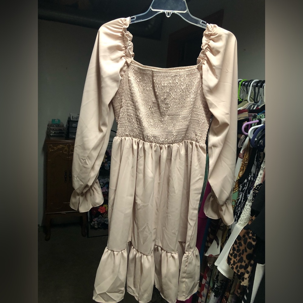 Shirred Bodice Flounce Sleeve Ruffle Hem Dress BIEGE